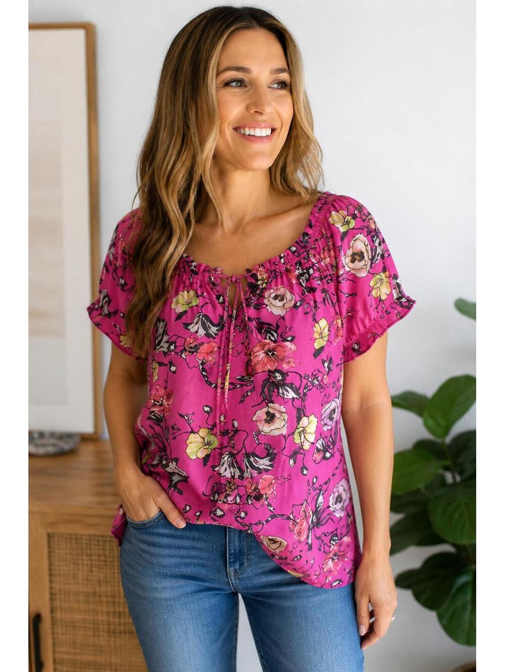 Cotton Daisy Floral Peasant Top Pink Cotton Size M